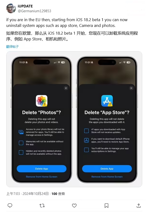 得荣苹果手机维修分享iOS 18.2 支持删除 App Store 应用商店 